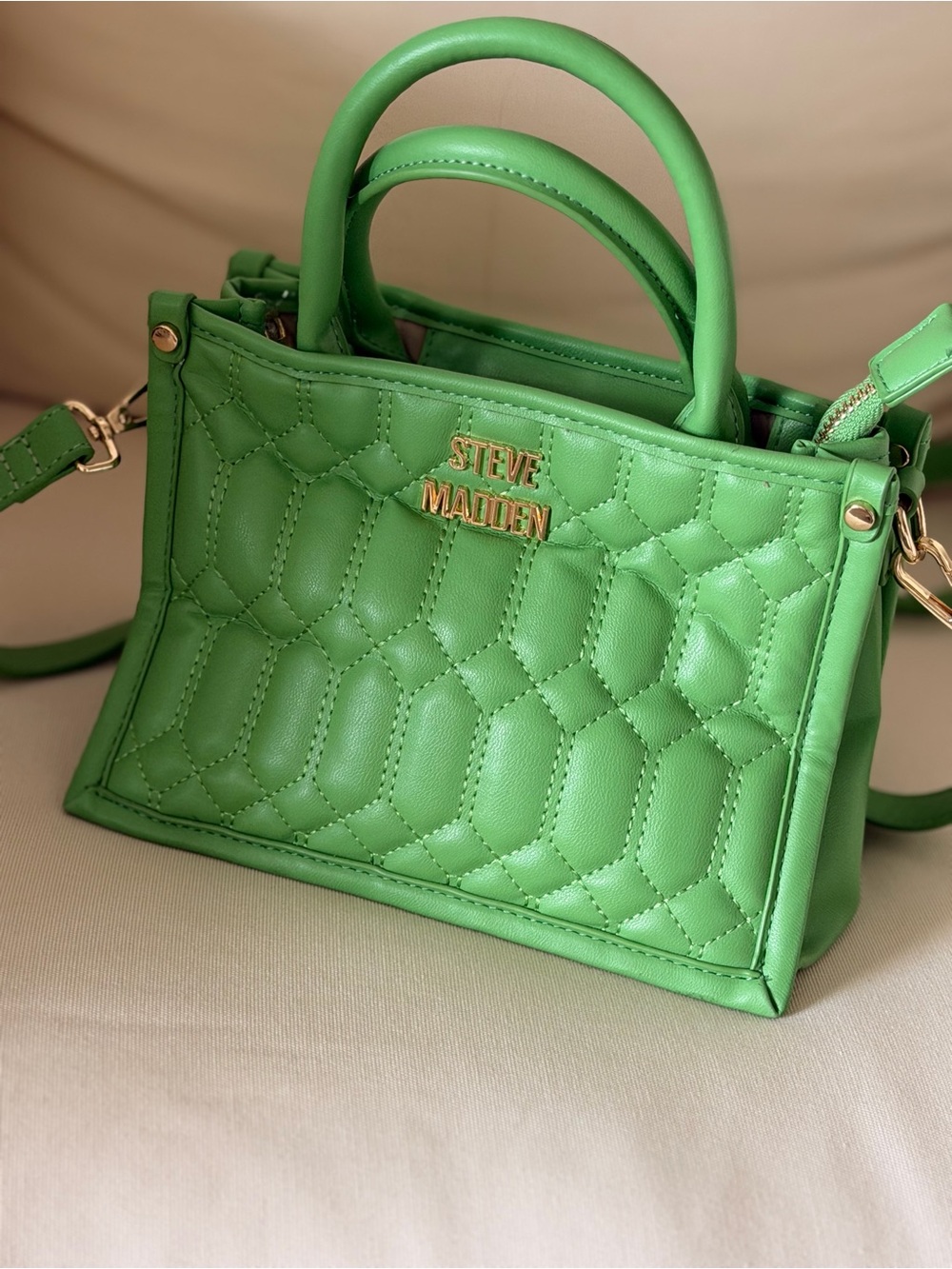 Steve Madden Lime Quilted Top-Handle Satchel with Gold Hardware
